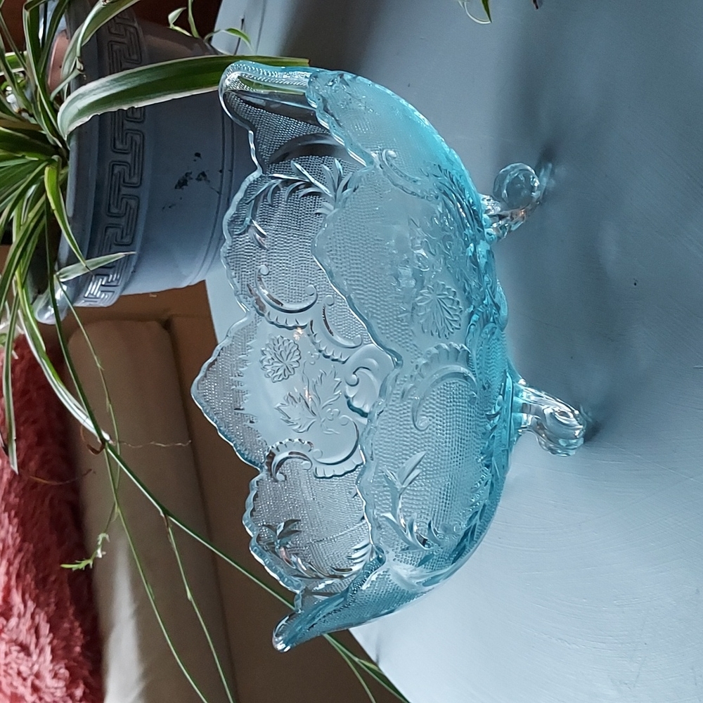 Vintage Jeannette mid century Pressed Glass Blue Footed Hombre  Compote Bowl MCM - Picture 15 of 17